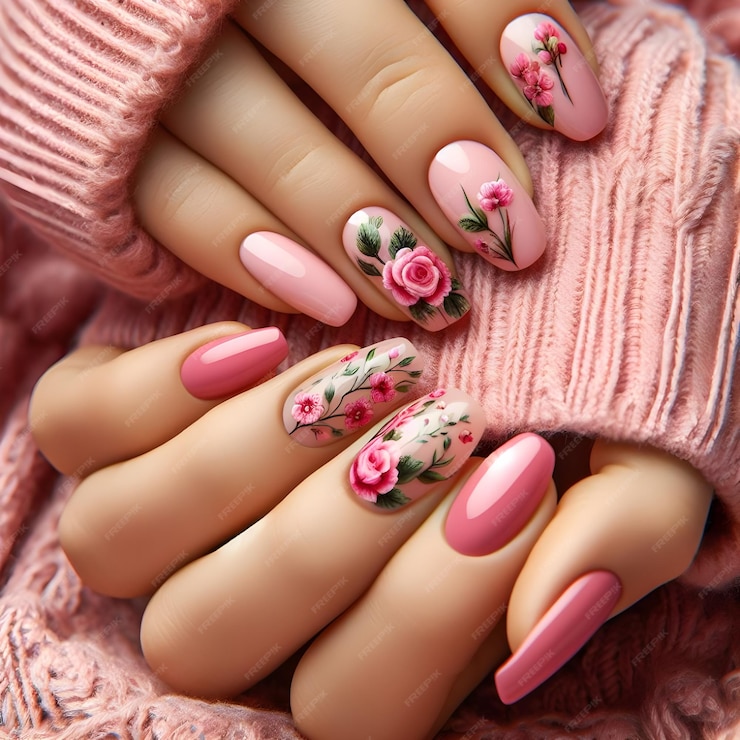 close up womans pink manicured nails with floral nail polish design 1190079 805